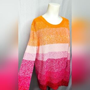 Talbots Pima Cotton Ombré Stripe Sweater Orange Pink Bright Knit Top Size L NWOT